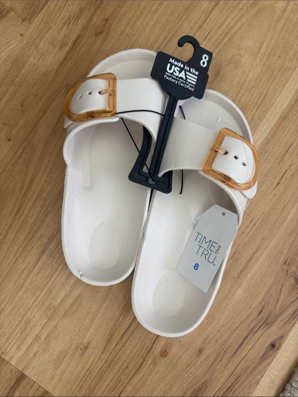 Time and Tru White Slide Sandals with Translucent Tan Buckles